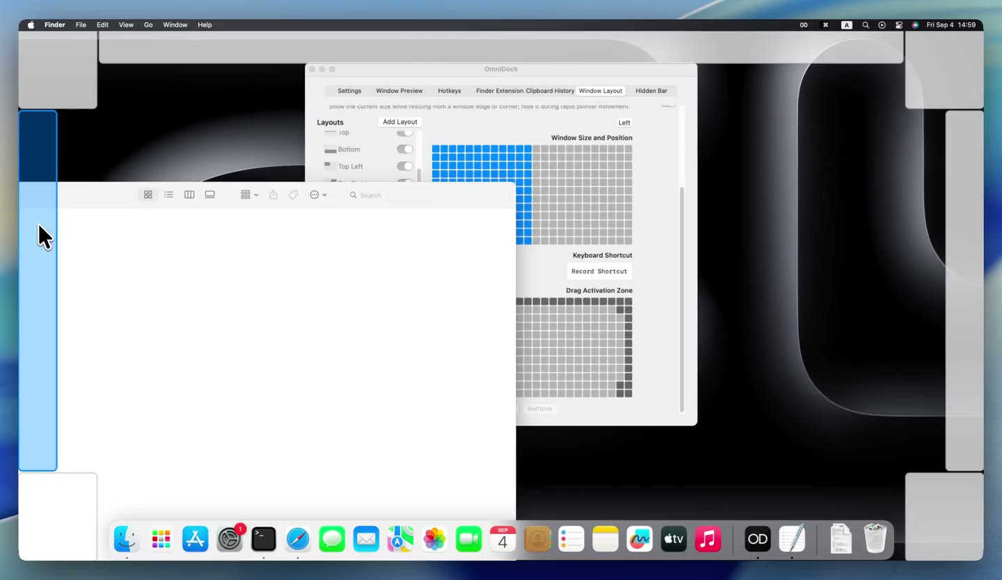 A window and a highlighted drag activation zone; a still from the layout recording.